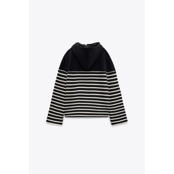 Navy Blue White Striped Zara Half Zip Long Sleeve Hoodie Sweatshirt (NWT) - Picture 8 of 9
